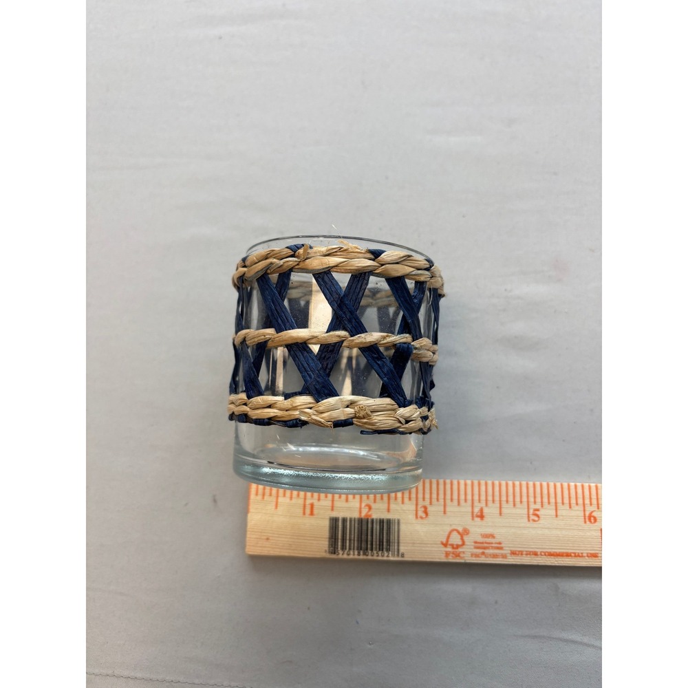 Coastal Woven Navy Blue and Natural Seagrass Glass Votive Candle Holder Bohemian